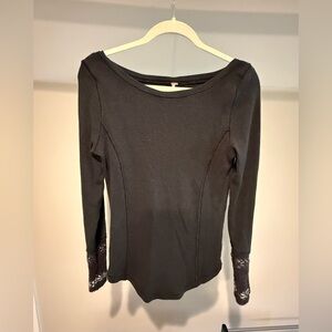 Free People Black Long Sleeve Thermal with Decorative Cuffs